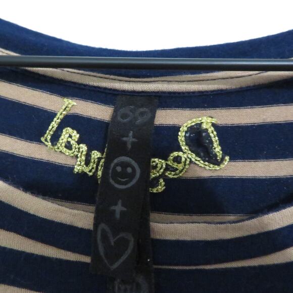 Desigual Womens Sz XXL Navy Tan Striped Floral Mesh Sleeve Top Mixed Fabrics - Picture 6 of 8